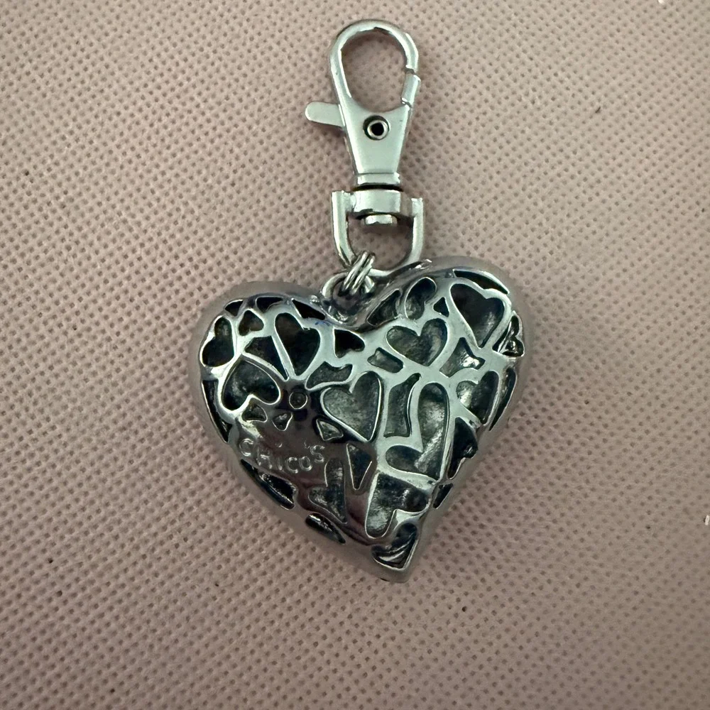 Chico's Silver Heart‎ Bag Charm Rhinestone Pavé Filigree Keychain Accessory